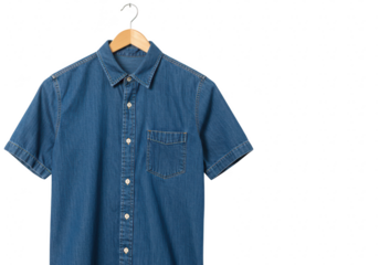 A blue denim shortsleeved shirt with a collar and pocket, hanging on a wooden hanger isolated on transparent background