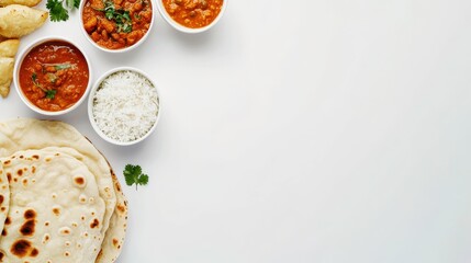 Culinary Canvas: An inviting overhead shot of an exquisite Indian food display, showcasing a culinary array of diverse dishes.