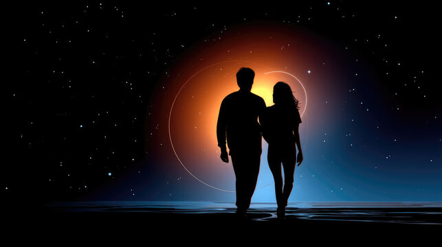 Silhouette couple walking night sky, romantic atmosphere, glowing stars, peaceful mood, cosmic background, love concept - Powered by Adobe