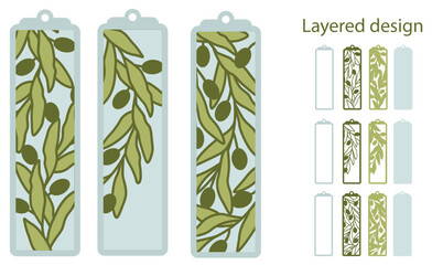 Set of bookmarks with olives branch svg, Layered papercut decoration