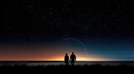 Silhouetted couple holding hands under starry night sky, serene ocean horizon, peaceful atmosphere, minimalist landscape art