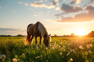 Golden Hour Horse Grazing Graceful Beauty Nature Serenity Pasture