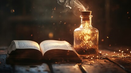 Old book with magical steam and potion bottle illuminated in warm candlelight mystical vintage scene