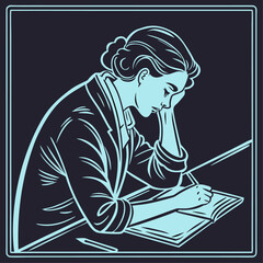 Girl cartoon illustration: A young woman and a boy work together on a laptop, surrounded by books and art