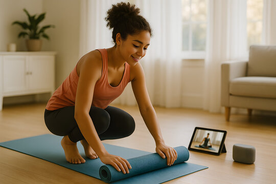 Young woman rolling yoga mat after home workout in bright living room with online fitness class