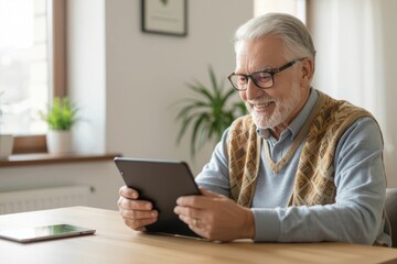 Fototapeta premium Smiling Senior Man Engrossed in Tablet Connection and Joy in the Digital Age at Home