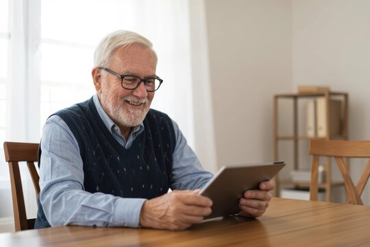Happy Senior Man Using Tablet at Home Stay Connected and Informed in Retirement Years.