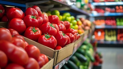 Fresh ripe tomatoes on grocery shelf in colorful market with organic healthy produce arrangement