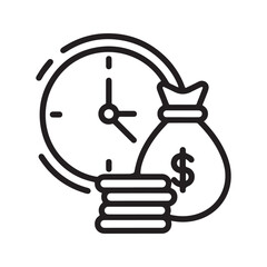 Time is money concept icon with clock, coins, and money bag representing financial deadlines and investment.