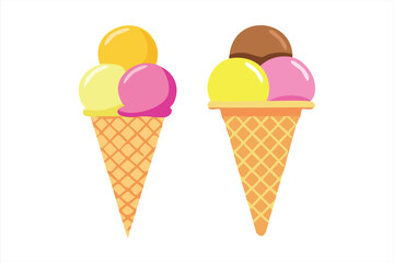 Two Ice Cream Cones vector with Three Scoops on a White Background