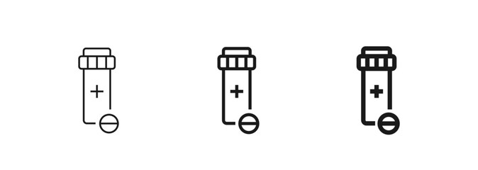 Icon of a prescription medicine bottle with a pill in thin, regular and bold outline. Healthcare, pharmacy, medication, or treatment. For medical apps, websites, or pharmaceutical branding. Vector