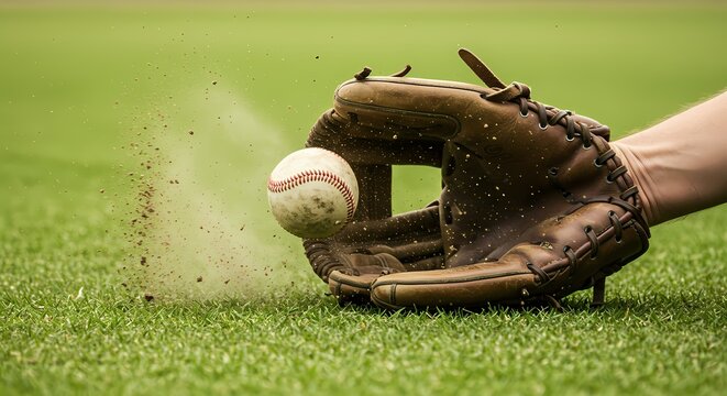 Baseball Glove Catching Ball Dirt Explosion on Green Field.