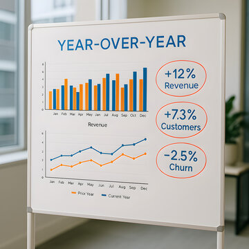 Year-over-year business performance chart on whiteboard in modern office showing revenue, customers, and churn metrics