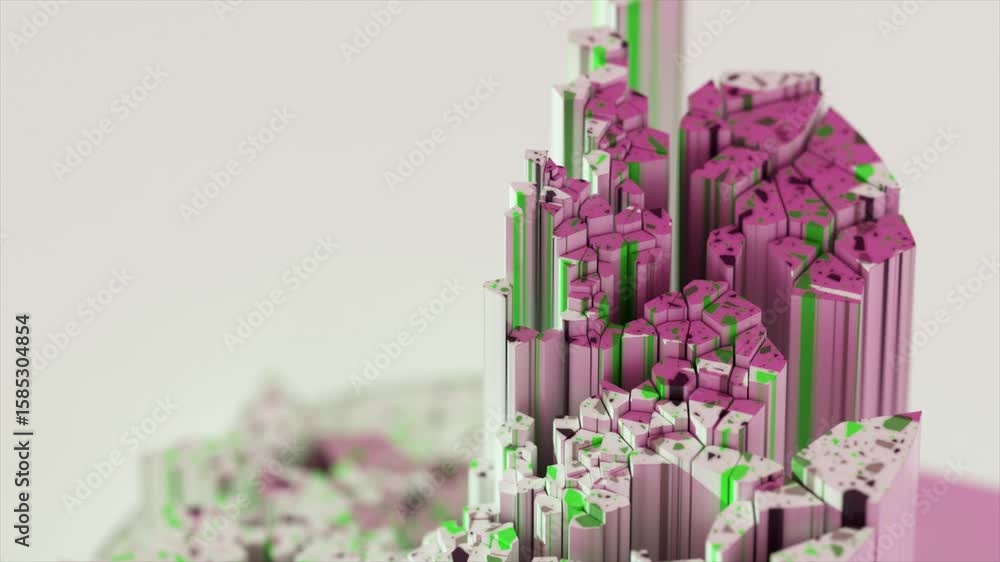 Poster intricate geometric sculpture progressively transforming, evolving from white to purple, revealing d