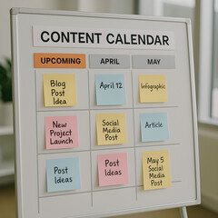 Content calendar board with sticky notes for blog posts, social media, project launch, and article planning in office