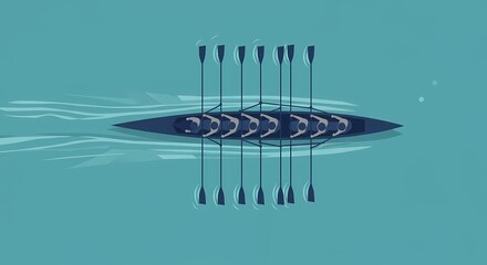 Aerial View of EightPerson Rowing Crew on Calm Teal Water.