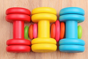 Colorful Dumbbells on Wooden Floor