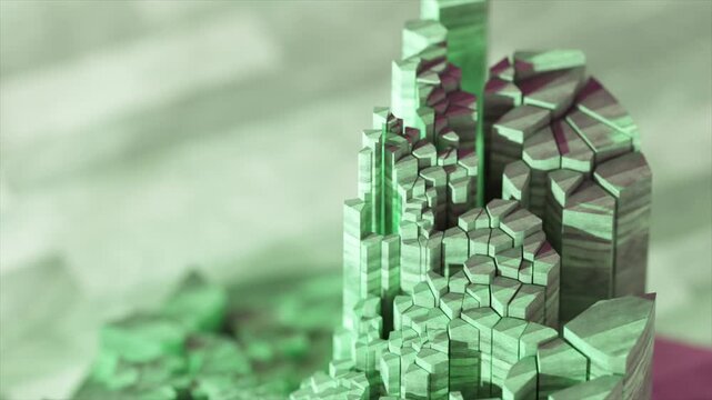 Molecular crystal structure dynamically transforming, revealing geometric patterns through microscopic scientific visualization