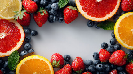Fresh mixed citrus fruits and berries creating a vibrant border on light background. Healthy food concept for summer.