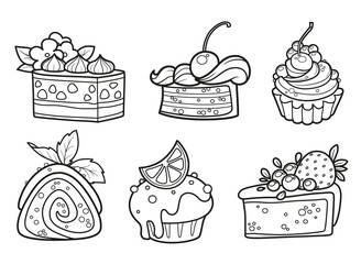 Big piece of biscuit cake with whipped cream outlined for coloring page on a white background