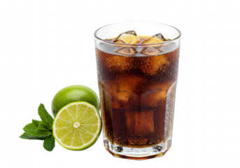 A tall glass of cola with ice, lime, and mint, isolated on a transparent background