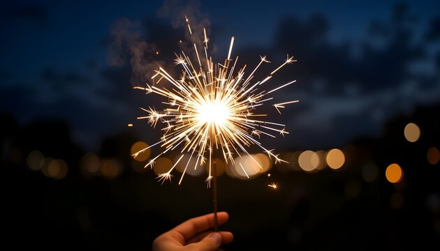 Hand holding sparkler against night sky, festive celebration vibe"