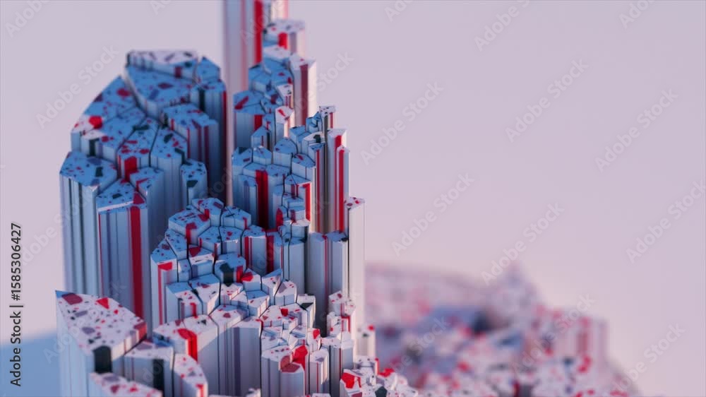 Poster Intricate geometric structures undergoing vibrant transformation, revealing colorful pillars and symmetrical patterns against soft pastel background with dynamic digital rendering