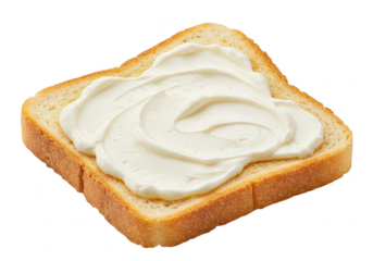 A slice of toasted bread with a swirl of cream cheese spread on top, isolated on white isolated on transparent background