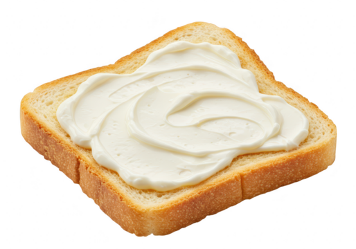A slice of toasted bread with a swirl of cream cheese spread on top, isolated on white isolated on transparent background