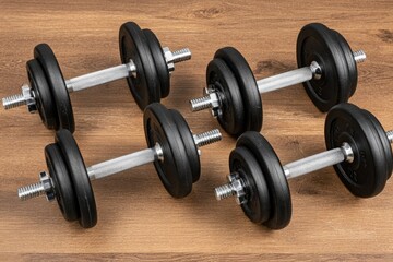 Four black and steel dumbbells arranged in a square pattern on a light brown wooden surface