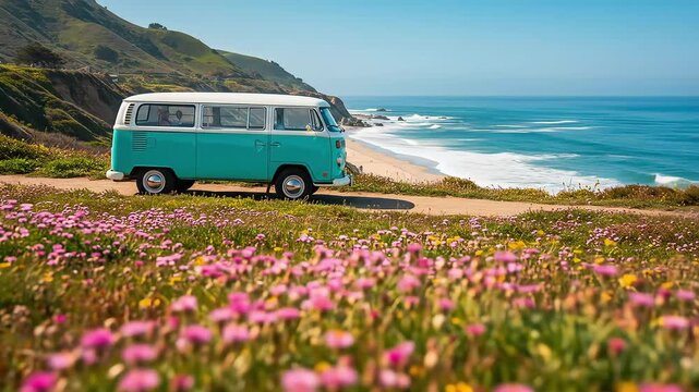 A vintage van parked alongside a vibrant coastal road, surrounded by colorful flowers, with a stunning ocean view and rolling hills in the background