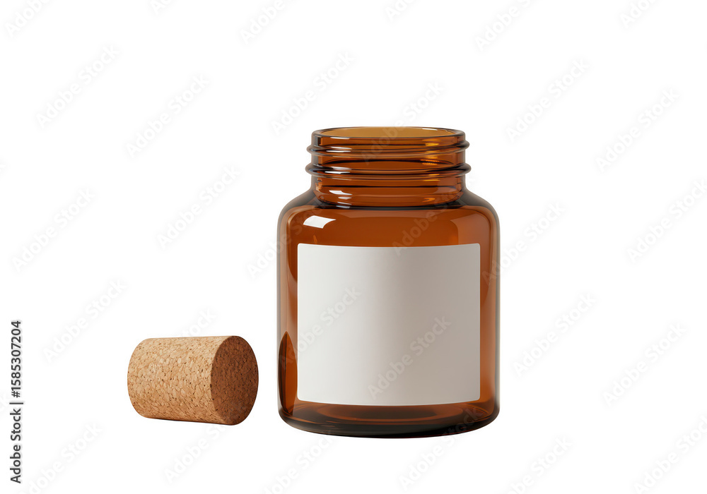 Poster an empty amber glass jar with a cork lid and a blank white label isolated on a transparent backgroun