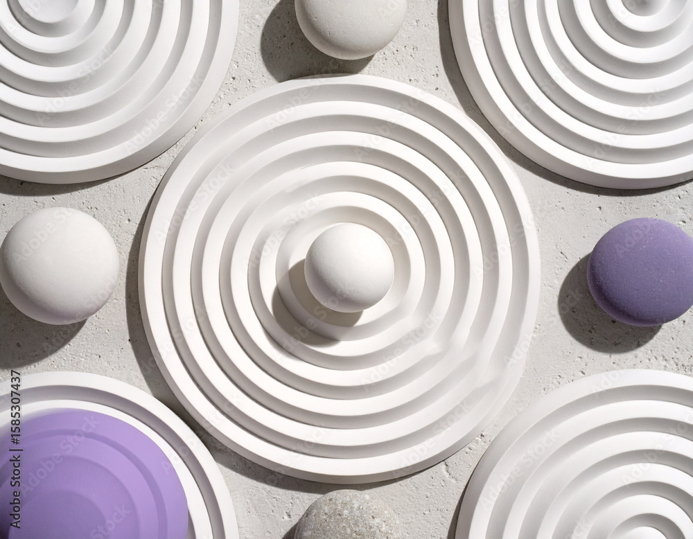 Poster a minimalist overhead view of a textured light gray surface adorned with multiple white circular for