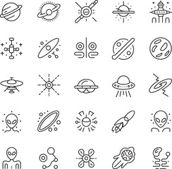 Vector illustration of minimalist space and alien icons in a simple black and white design