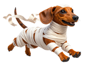 Halloween Mummy Dog in Action Dachshund Dressed in White Wraps Running Isolated PNG