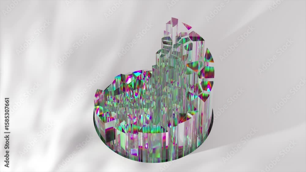 Poster iridescent glass columns forming circular geometric arrangement, reflecting vibrant colors and light