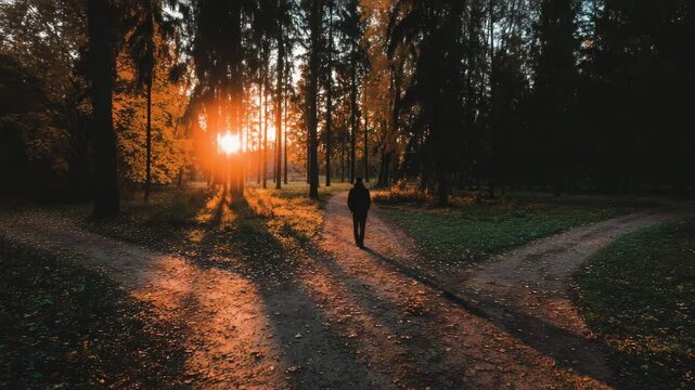 A person stands at a forked path in a forest during sunset, surrounded by tall trees and golden light.