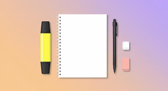 Top View of Spiral Notebook Black Pen Yellow Highlighter and Erasers on Gradient Background. - Powered by Adobe