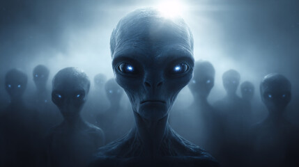 Alien being with glowing eyes leads a crowd of similar creatures through a misty, ethereal environment creating a sci-fi mystery vibe.