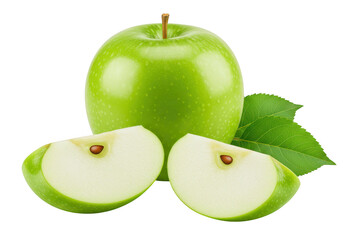 A vibrant green apple with two slices and a leaf, presented freshly isolated on a transparent background