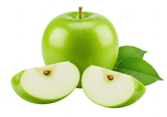 A vibrant green apple with two slices and a leaf, presented freshly isolated on a transparent background