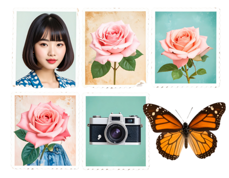 Mixed Media Grunge Sticker Set Vintage Girl, Rose, Polaroid Camera, Butterfly Cutouts PNG