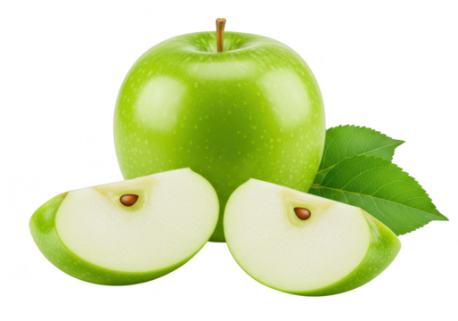 A vibrant green apple with two slices and a leaf, presented freshly isolated on a transparent background