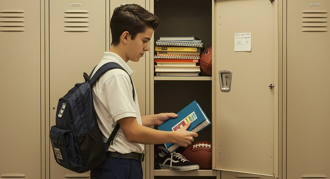 Teenager at School Locker with Books and Backpack.