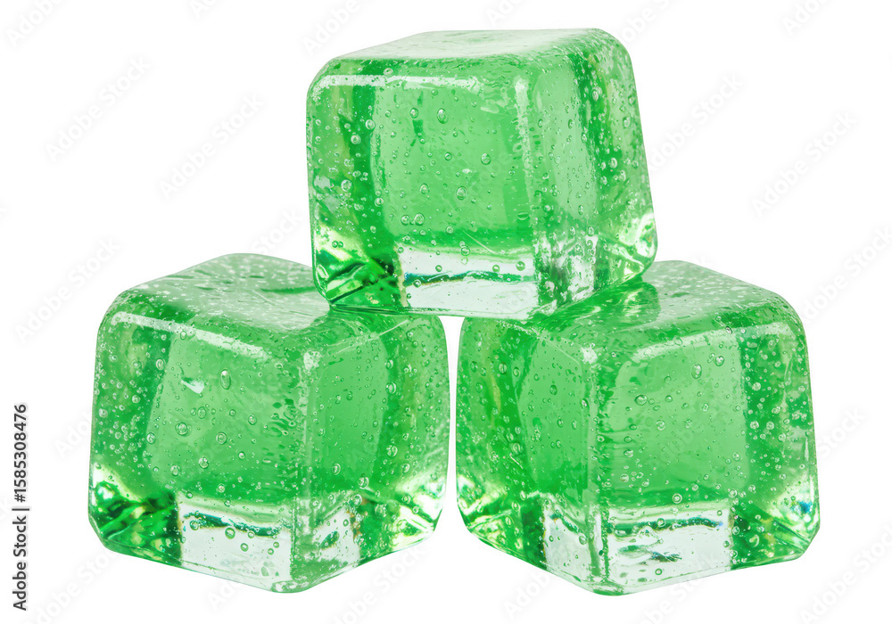 Poster a stack of three translucent green jelly cubes with air bubbles on a transparent background