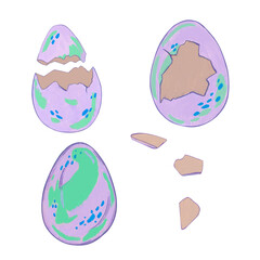 A set of purple eggs of a fantastic dragon on a white background. Watercolor illustration of cartoon animals. It is suitable for Easter themes, spring projects, and the creation of fabulous creatures.