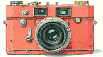 Illustrated coral camera with lens details, knobs, and switches on a white background