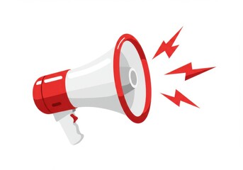 Red and white megaphone emitting sound waves representing announcement or alert