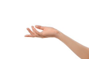 Open hand extends outward in a welcoming manner, isolated on white, PNG