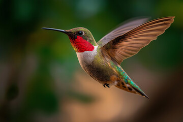 Fototapeta premium Photograph of a hummingbird in flight, with green and red feathers